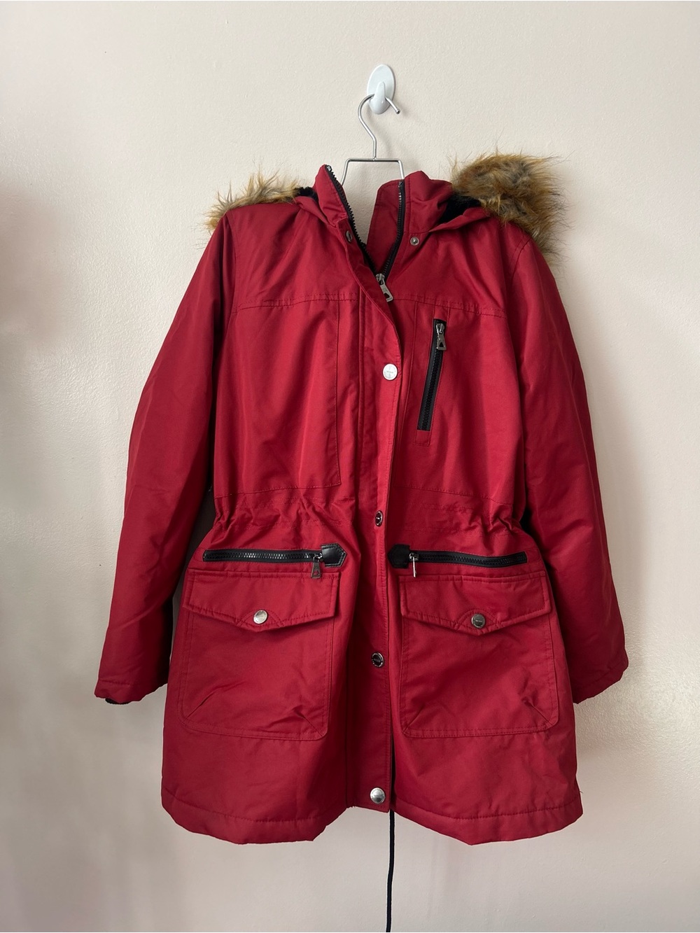 Urban Republic Red Hooded Utility Parka with Faux Fur Trim
